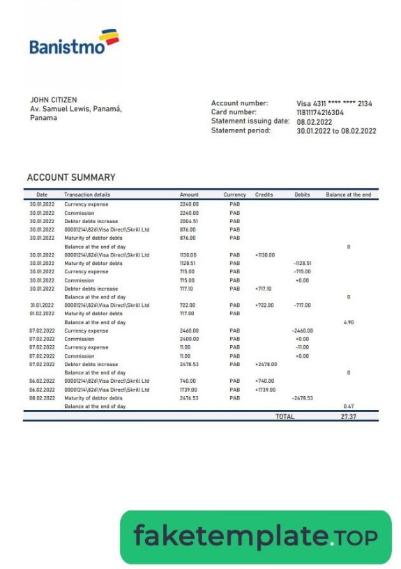 Feature of fake Panama Banistmo bank statement